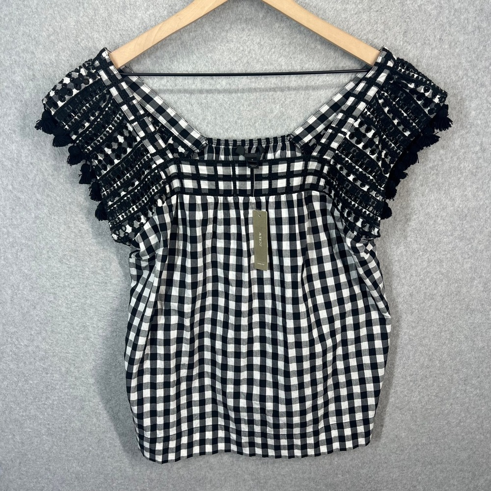 J. Crew Black and White Gingham Crochet-Trim Blouse
